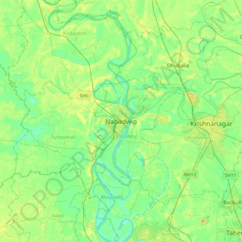 Mappa topografica Nabadwip, altitudine, rilievo