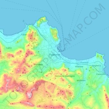 Mappa topografica Palermo, altitudine, rilievo