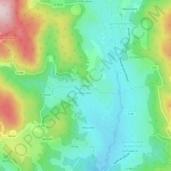 Mappa topografica Chouzet, altitudine, rilievo