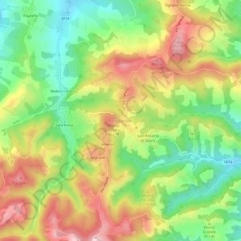 Mappa topografica Mongardino, altitudine, rilievo