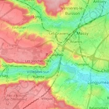 Mappa topografica Palaiseau, altitudine, rilievo