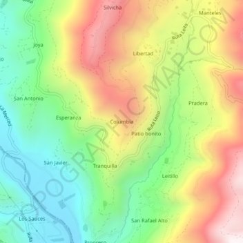 Mappa topografica Columbia, altitudine, rilievo