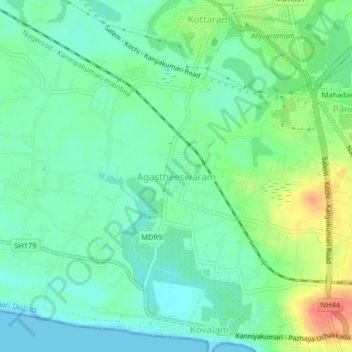 Mappa topografica Agastheeswaram, altitudine, rilievo
