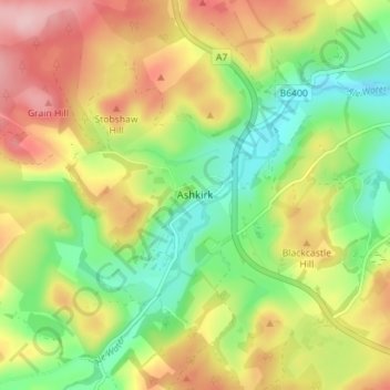 Mappa topografica Ashkirk, altitudine, rilievo