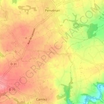 Mappa topografica Kerizout, altitudine, rilievo