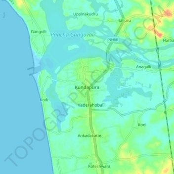 Mappa topografica Kundapura, altitudine, rilievo