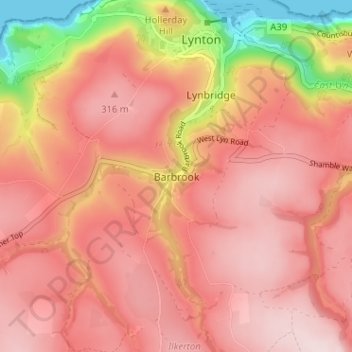 Mappa topografica Barbrook, altitudine, rilievo