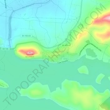 Mappa topografica Alange, altitudine, rilievo
