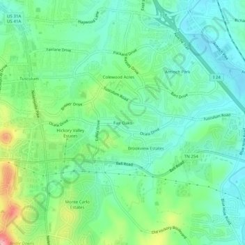 Mappa topografica Fair Oaks, altitudine, rilievo