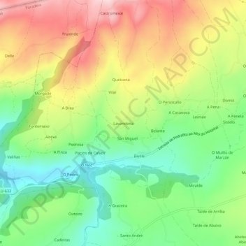 Mappa topografica Lavandeira, altitudine, rilievo