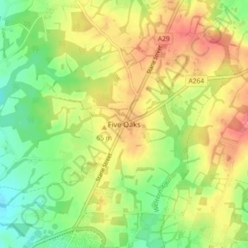 Mappa topografica Five Oaks, altitudine, rilievo