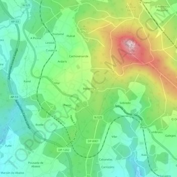 Mappa topografica Milleiros, altitudine, rilievo