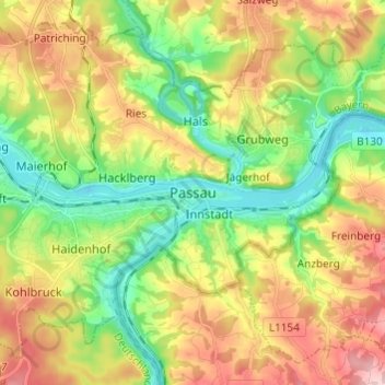 Mappa topografica Passau, altitudine, rilievo