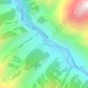 Mappa topografica Tindi, altitudine, rilievo