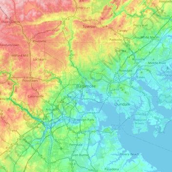 Mappa topografica Baltimore, altitudine, rilievo