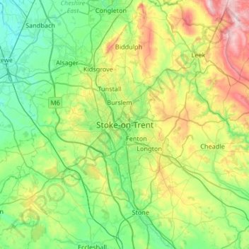 Mappa topografica Stoke-on-Trent, altitudine, rilievo