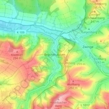 Mappa topografica Brochthausen, altitudine, rilievo