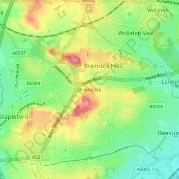 Mappa topografica Bramcote, altitudine, rilievo