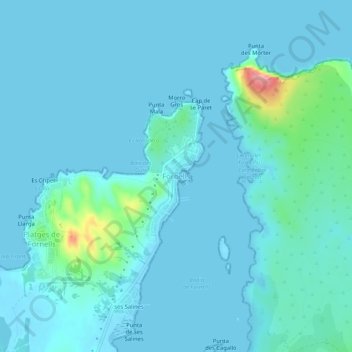 Mappa topografica Fornells, altitudine, rilievo