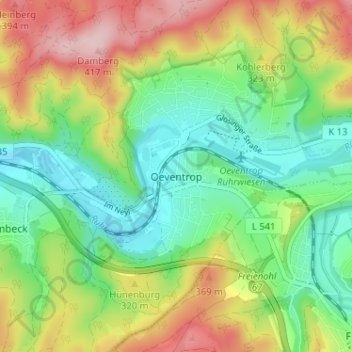 Mappa topografica Oeventrop, altitudine, rilievo