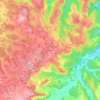 Mappa topografica Mazeyrac, altitudine, rilievo