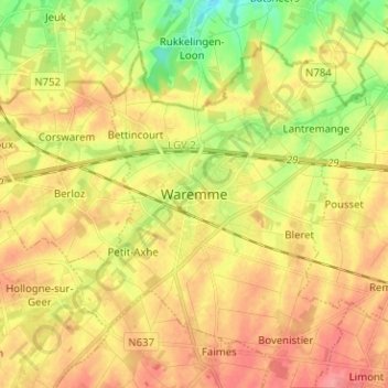 Mappa topografica Waremme, altitudine, rilievo