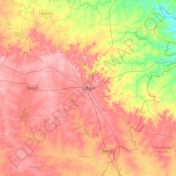 Mappa topografica Udgir, altitudine, rilievo