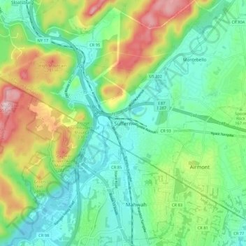 Mappa topografica Suffern, altitudine, rilievo