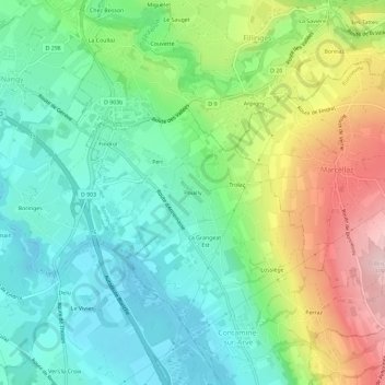 Mappa topografica Pouilly, altitudine, rilievo