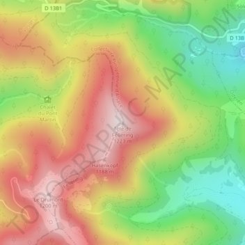 Mappa topografica Tête de Fellering, altitudine, rilievo