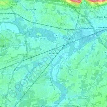 Mappa topografica Manville, altitudine, rilievo