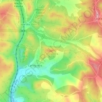 Mappa topografica Carregueira, altitudine, rilievo