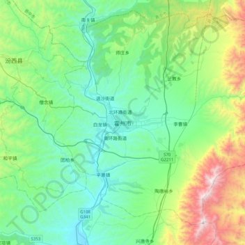 Mappa topografica 霍州市, altitudine, rilievo