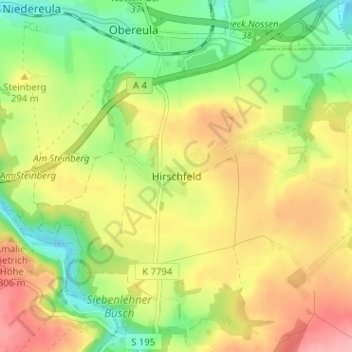 Mappa topografica Hirschfeld, altitudine, rilievo