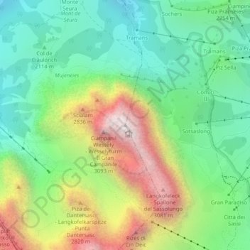 Mappa topografica Sassolungo, altitudine, rilievo