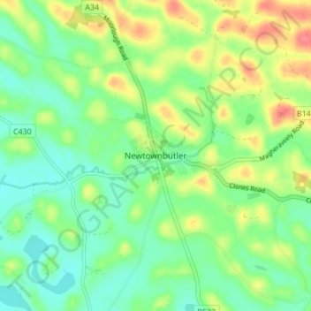 Mappa topografica Newtownbutler, altitudine, rilievo