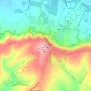 Mappa topografica Ditchling Beacon, altitudine, rilievo