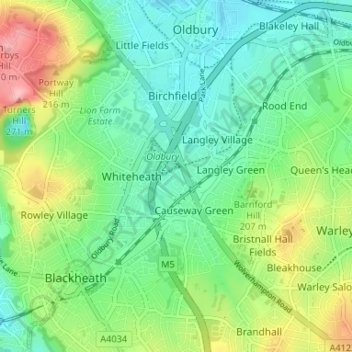Mappa topografica Titford, altitudine, rilievo