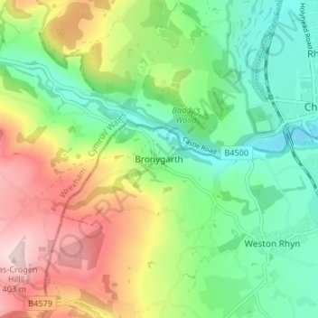Mappa topografica Bronygarth, altitudine, rilievo