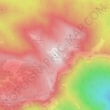 Mappa topografica Monte Autore, altitudine, rilievo
