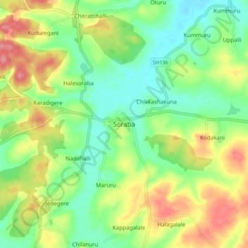 Mappa topografica Soraba, altitudine, rilievo