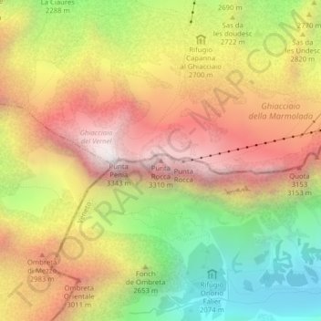 Mappa topografica Punta Rocca, altitudine, rilievo