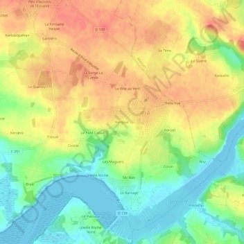 Mappa topografica Kergour, altitudine, rilievo