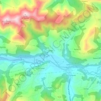 Mappa topografica Cardes, altitudine, rilievo