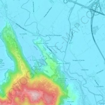 Mappa topografica Bugano, altitudine, rilievo
