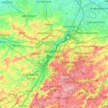Mappa topografica Bruxelles, altitudine, rilievo