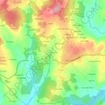 Mappa topografica O Río Vello, altitudine, rilievo