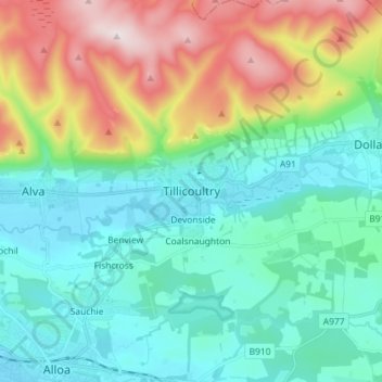Mappa topografica Tillicoultry, altitudine, rilievo
