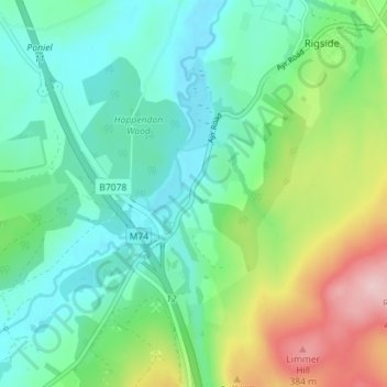 Mappa topografica Uddington, altitudine, rilievo