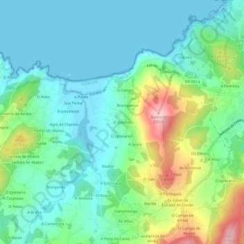 Mappa topografica O Outeiro, altitudine, rilievo